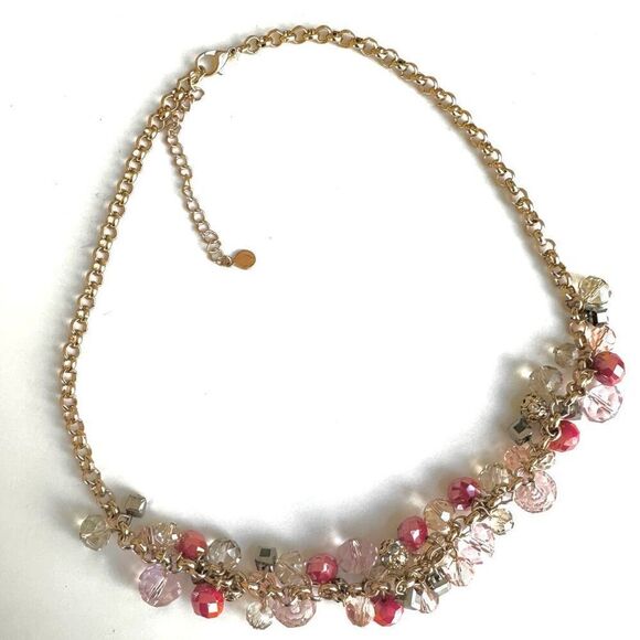 LOFT Necklace Boho Pink Cluster Beaded Bib Gold Tone necklace - Picture 6 of 7